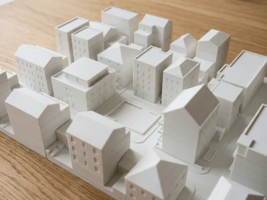 Stadtmodell mit 3D-gedruckten Gebäudeblöcken im Maßstab 1:500