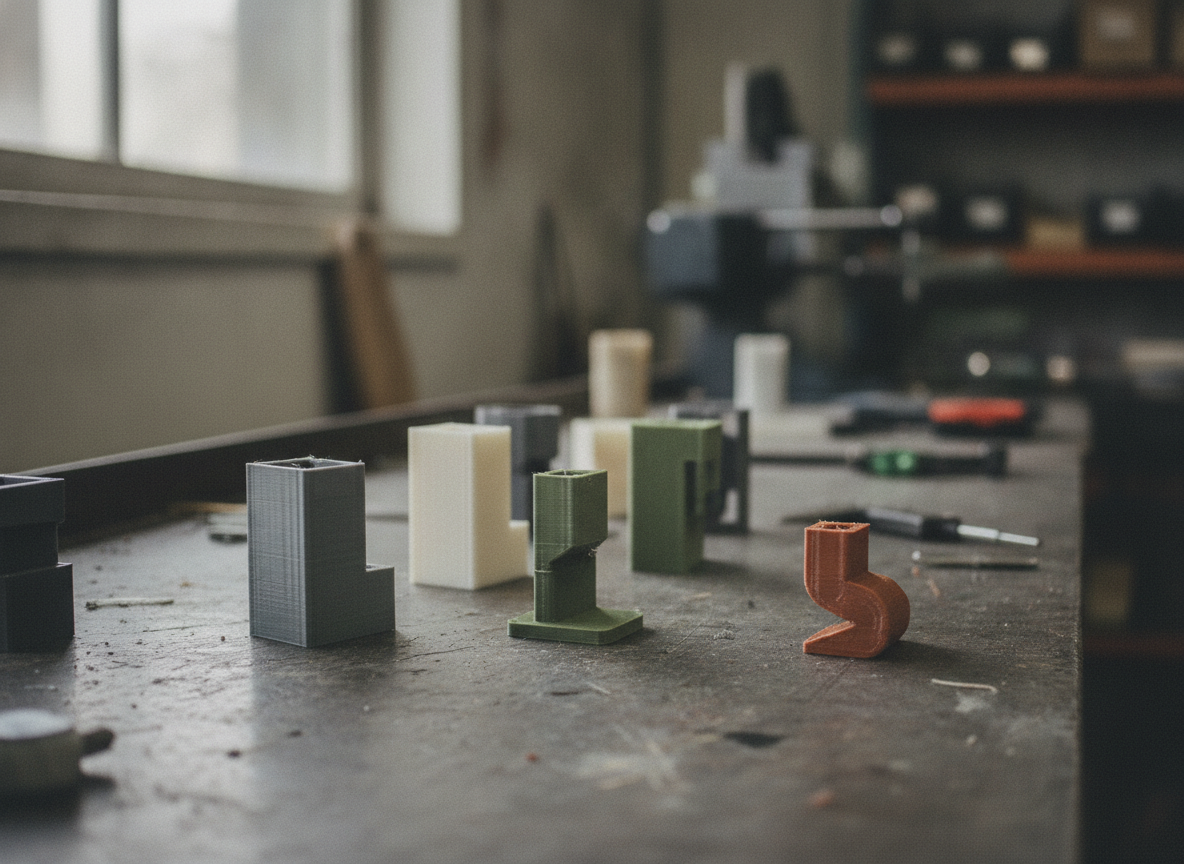 Comparativa de materiales de impresión 3D: piezas en ASA, TPU y resina sobre banco de taller