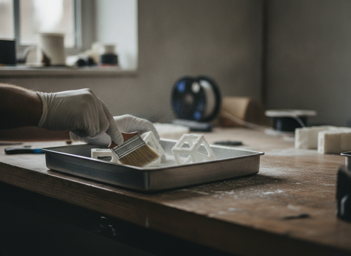 Piezas técnicas de nylon PA12 impresas en 3D por SLS recién despolvoradas