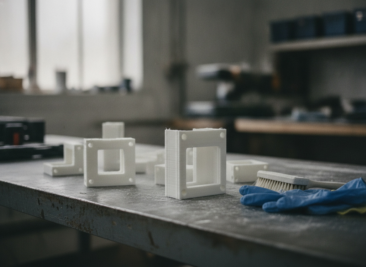 piezas funcionales de nylon PA12 impresas en SLS tras verificar el archivo 3D
