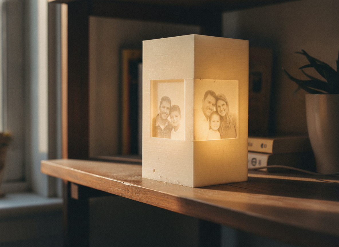 Litofania impresa en 3D iluminada mostrando una foto familiar