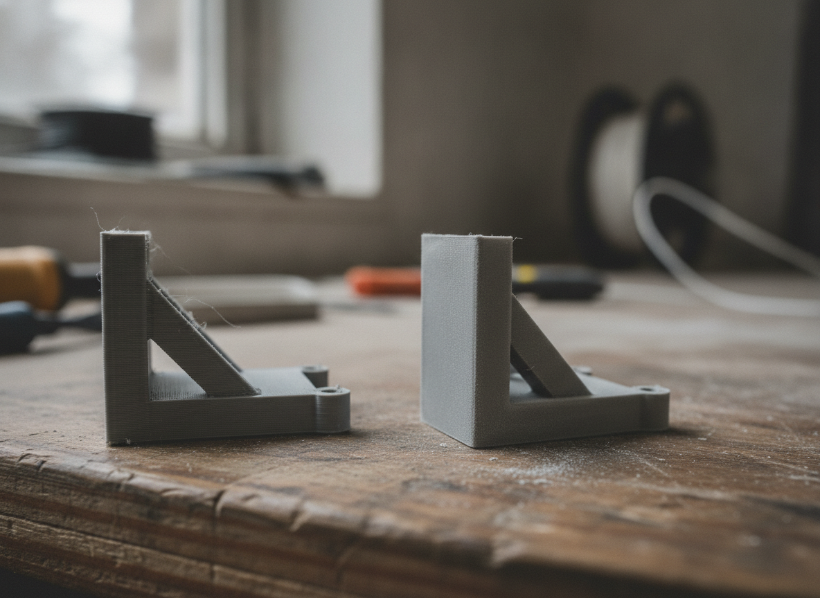 Comparacion de una pieza impresa en 3D en bruto y otra con acabado lijado
