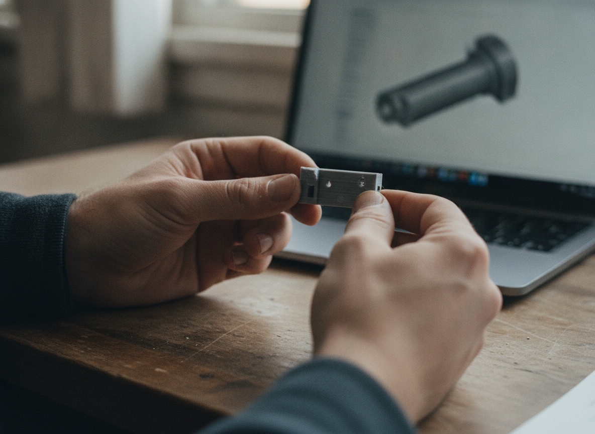Pieza impresa en 3D en la mano junto a un portatil al pedir presupuesto online