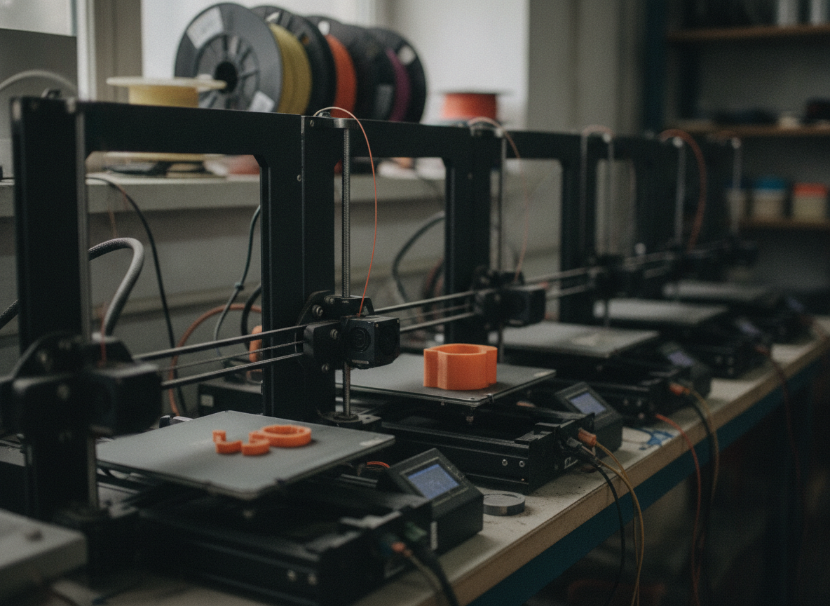 granja de impresoras 3D FDM fabricando piezas funcionales bajo demanda
