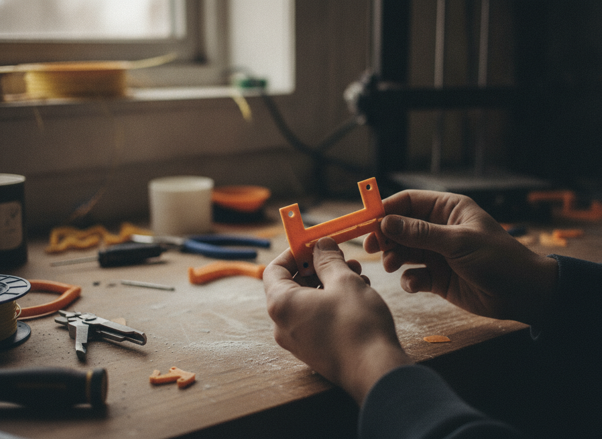 Pieza impresa en 3D FDM en manos de un maker, aplicación doméstica de la impresión 3D