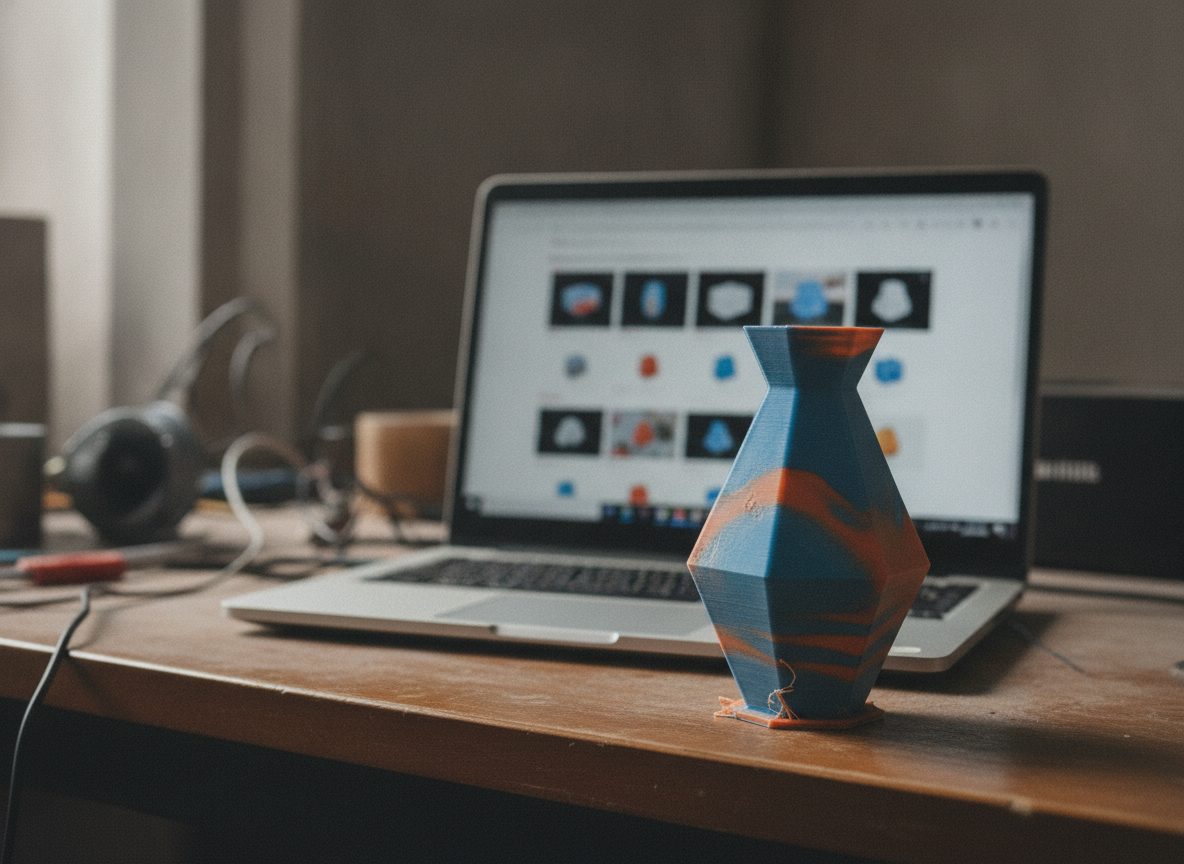 Modelo 3D elegido en un buscador online junto a la pieza impresa en 3D