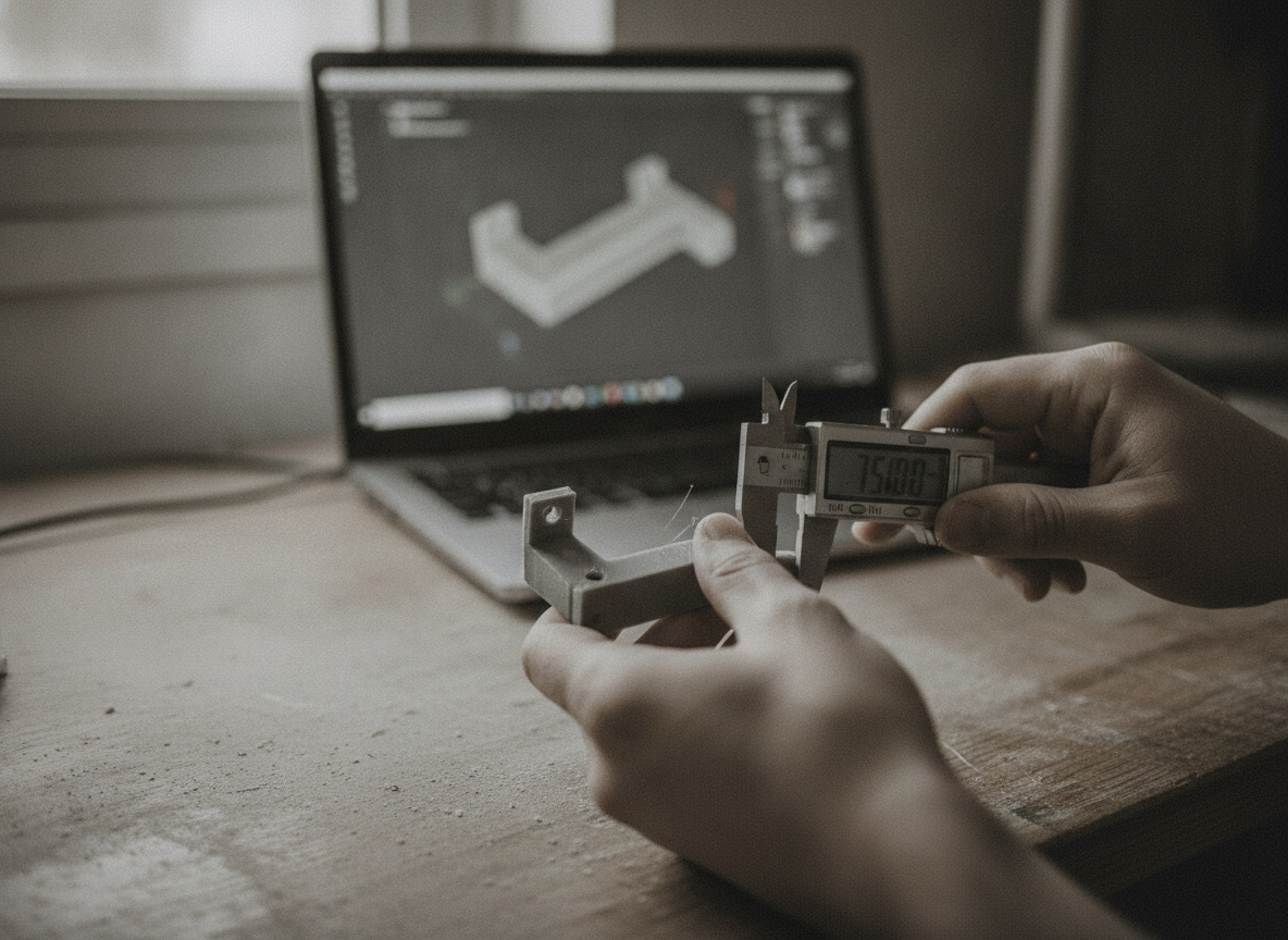 control dimensional con calibre digital de una pieza impresa en 3D antes del envío al cliente