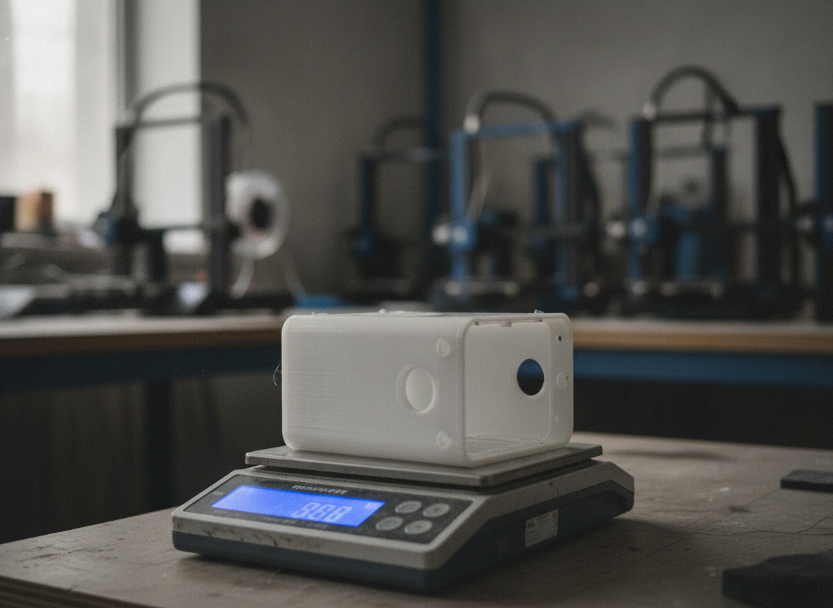 Pieza impresa en 3D sobre una báscula de precisión para calcular el coste de impresión 3D por gramo en Imprimakers