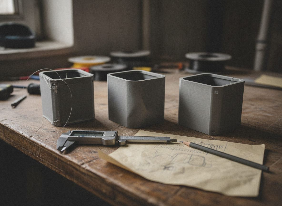 Iteraciones de un prototipo diseñado para impresión 3D sobre la mesa del taller