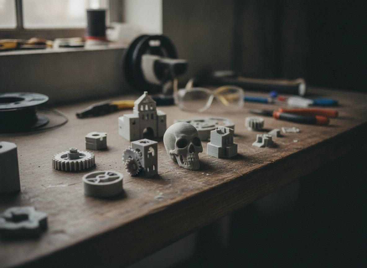 piezas impresas en 3D en varios materiales para comparar antes de elegir material de impresión 3D