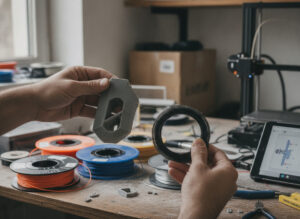 Piezas impresas en distintos materiales de impresión 3D sobre la mesa del taller — servicio de impresión 3D de Imprimakers