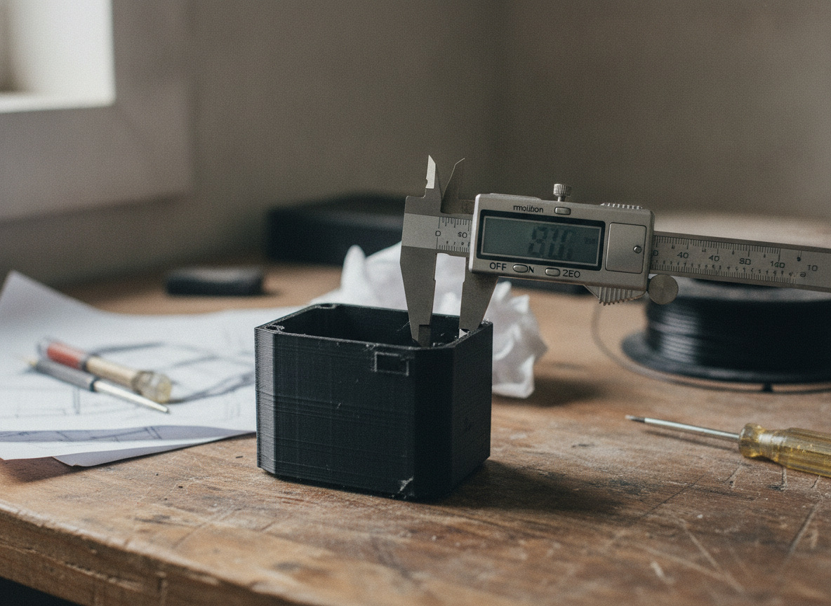 verificación con calibre de un prototipo impreso en 3D antes de enviarlo al cliente