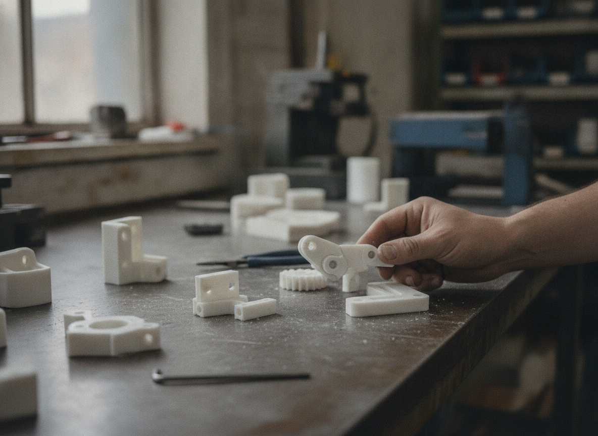 Piezas funcionales de nylon PA12 impresas por SLS, uno de los materiales disponibles al pedir impresión 3D a domicilio