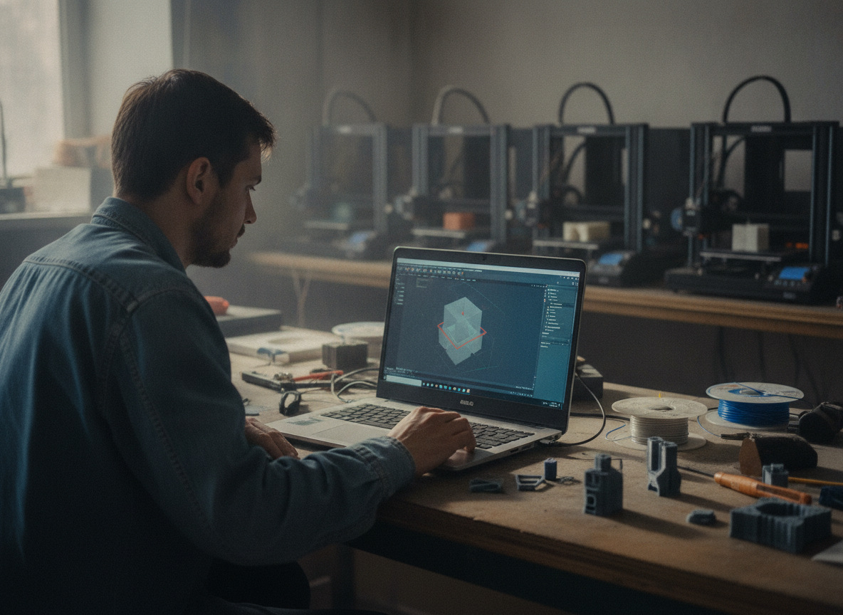 Técnico revisando un archivo STL subido a la calculadora para pedir impresión 3D a domicilio sin salir de casa
