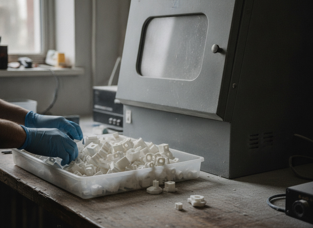 Serie corta de piezas en impresión 3D SLS nylon PA12 tras la limpieza y el granallado