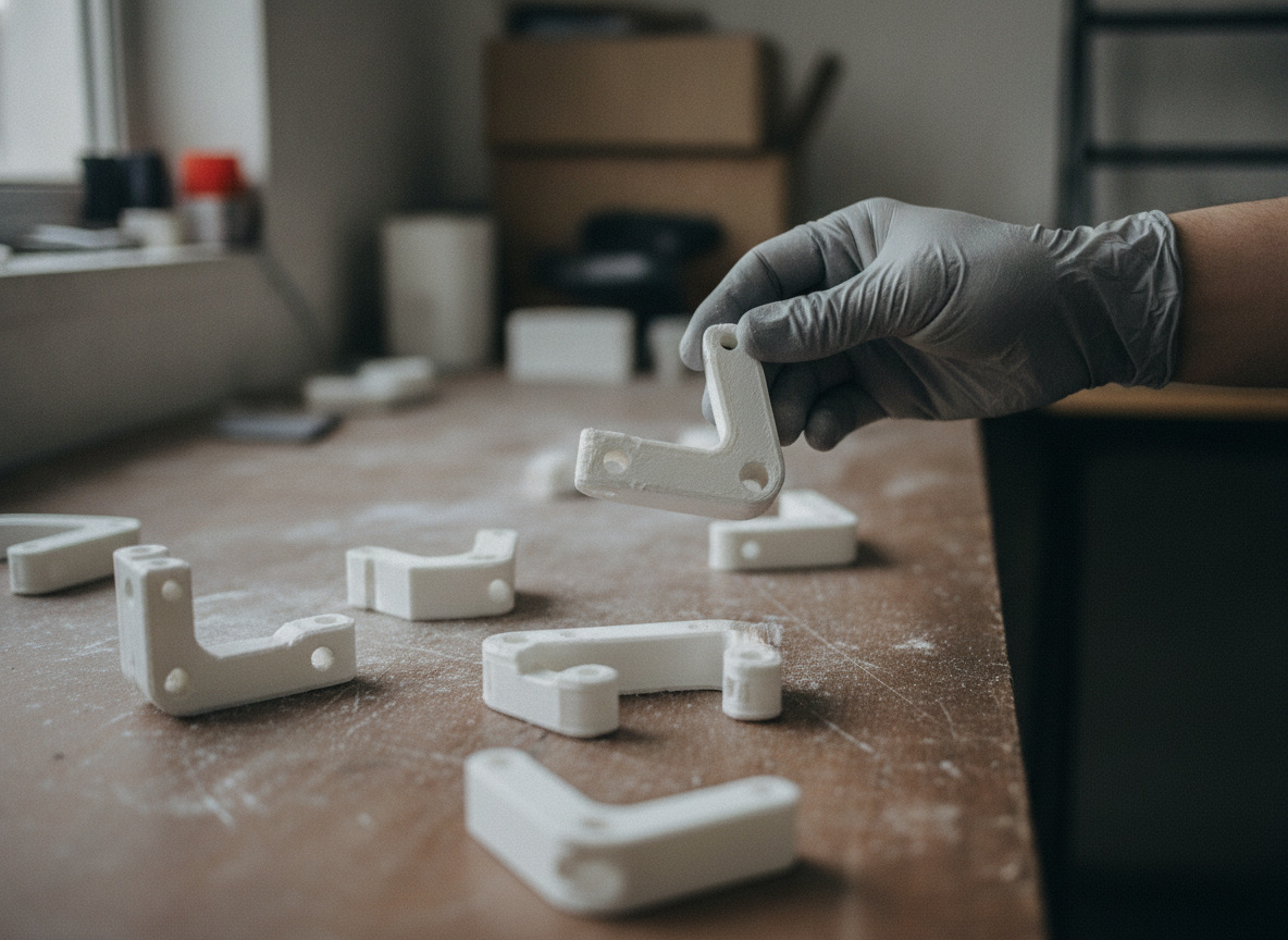 piezas técnicas en nylon PA12 recién impresas en SLS en un servicio de impresión 3D bajo demanda
