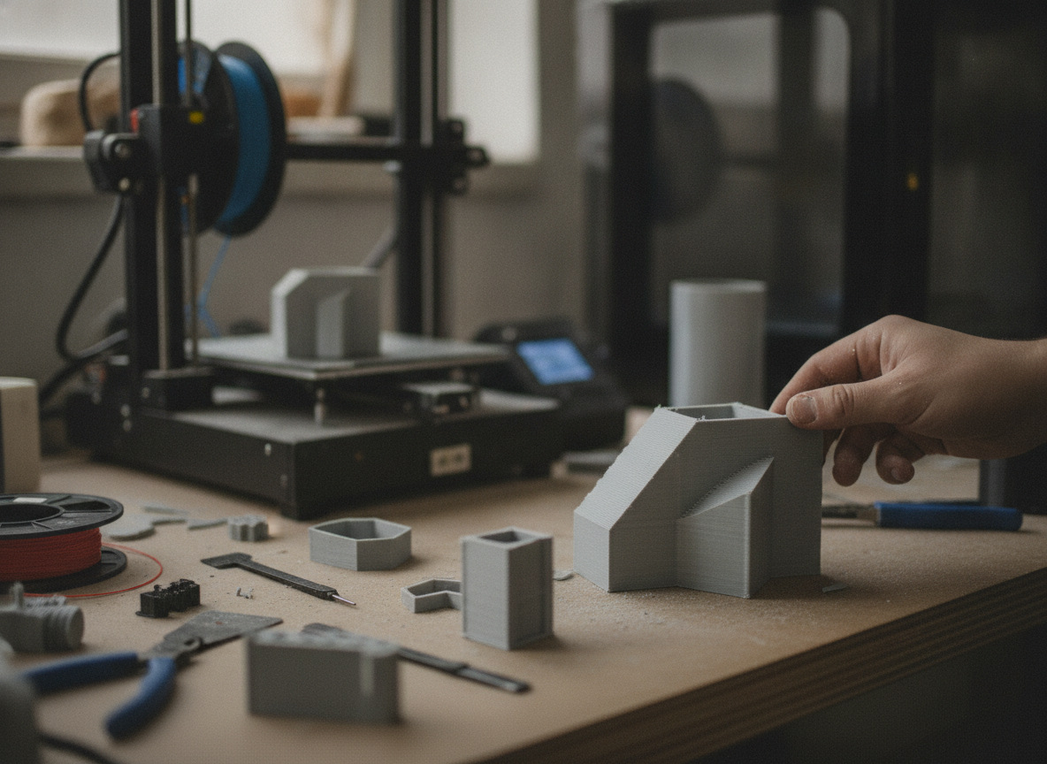 Pieza gris impresa en 3D sostenida junto a la impresora FDM que la fabricó, en el taller del servicio de impresión 3D online de Imprimakers