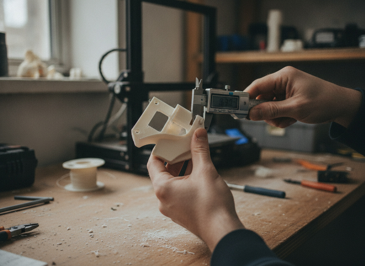 Control dimensional con calibre de una pieza impresa en 3D antes del envío