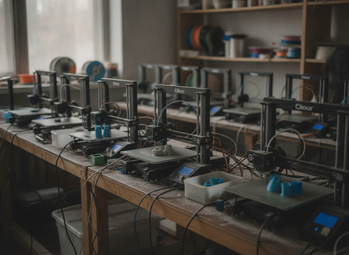 Granja de impresoras 3D FDM produciendo series cortas, una de las tendencias de impresión 3D en 2026