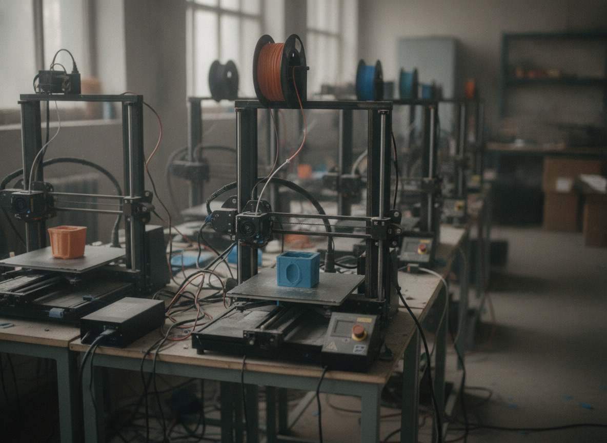 granja de impresoras 3D FDM trabajando en paralelo para reducir los tiempos de impresión 3D